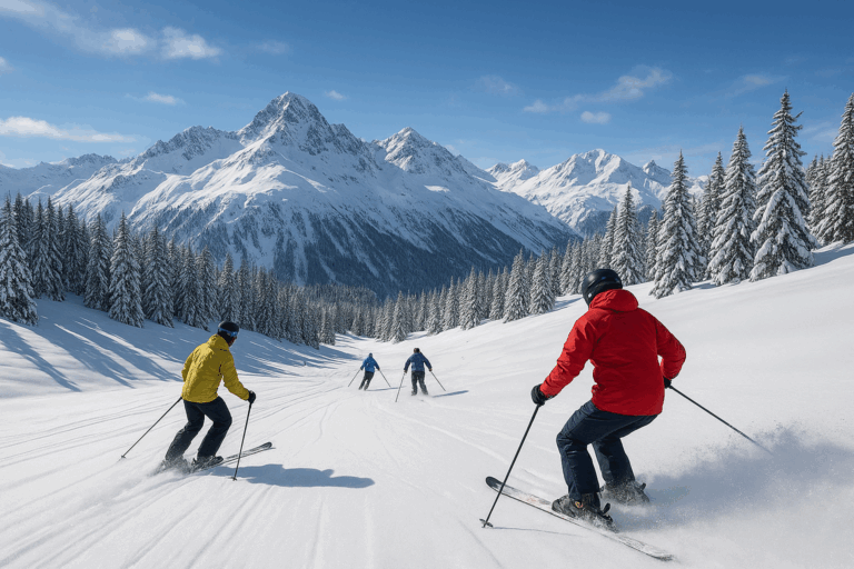 Winterabfahrt im Gebirgspanorama